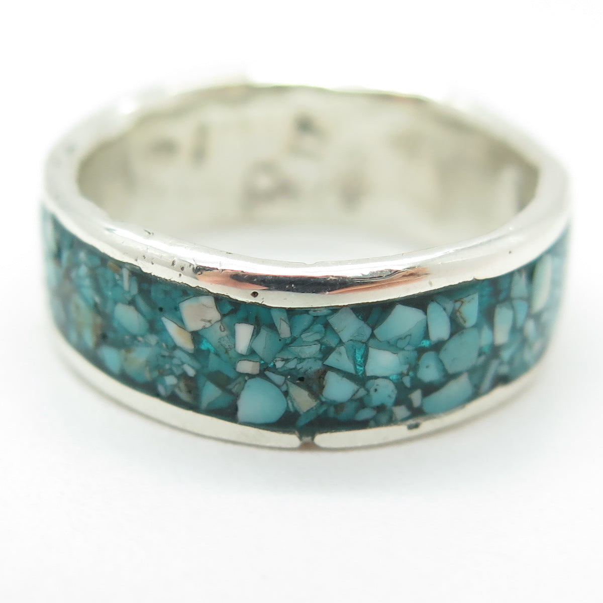 Old Pawn 925 Sterling Silver Vintage Turquoise Inlay Tribal Band Ring Size 7