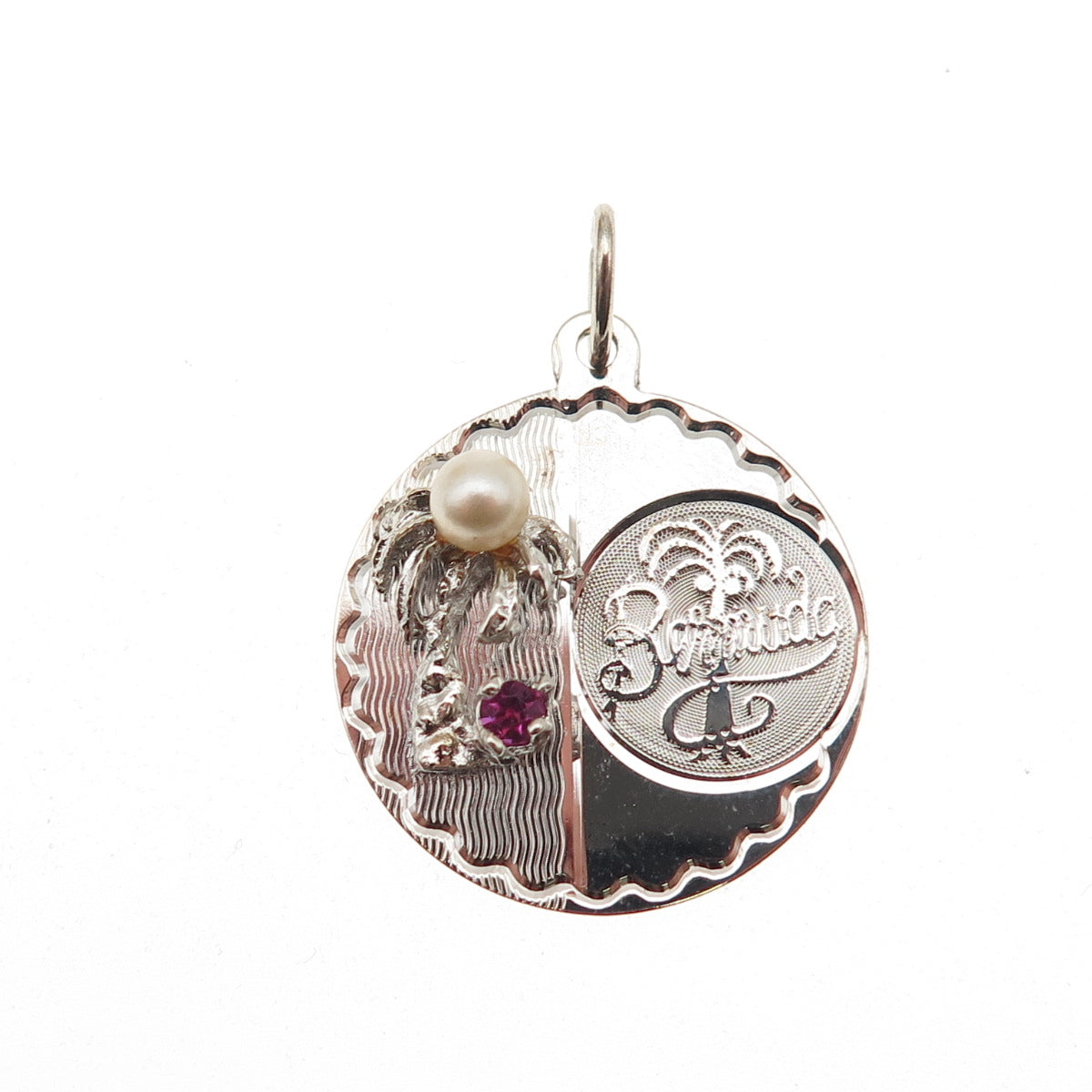 CREA 925 Sterling Vintage Rhinestone Faux Pearl Bermuda Palm Tree Charm Pendant