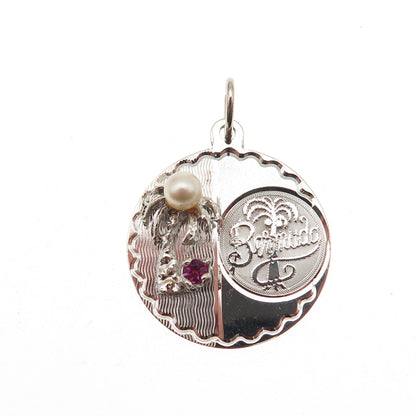 CREA 925 Sterling Vintage Rhinestone Faux Pearl Bermuda Palm Tree Charm Pendant