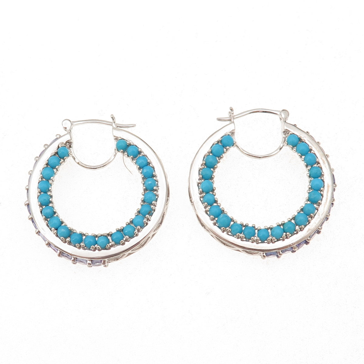 Chuck Clemency 925 Sterling Silver Real Turquoise & Tanzanite Hoop Earrings