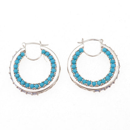Chuck Clemency 925 Sterling Silver Real Turquoise & Tanzanite Hoop Earrings