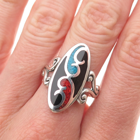 Waldeck 925 Sterling Vintage 1984 Black Onyx Turquoise & Coral Inlay Ring Size 9