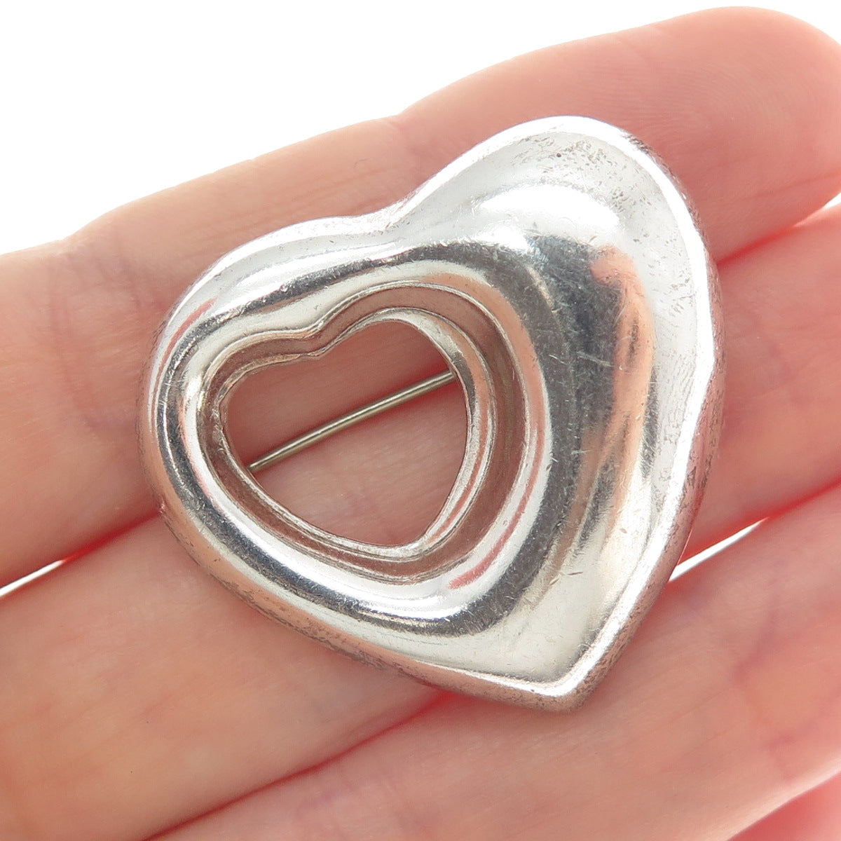 925 Sterling Silver Vintage Mexico Modernist Heart Pin Brooch