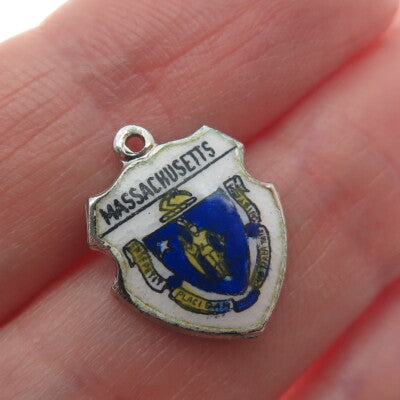 925 Sterling Silver Vintage Enamel "Massachusetts" Coat of Arms Charm Pendant