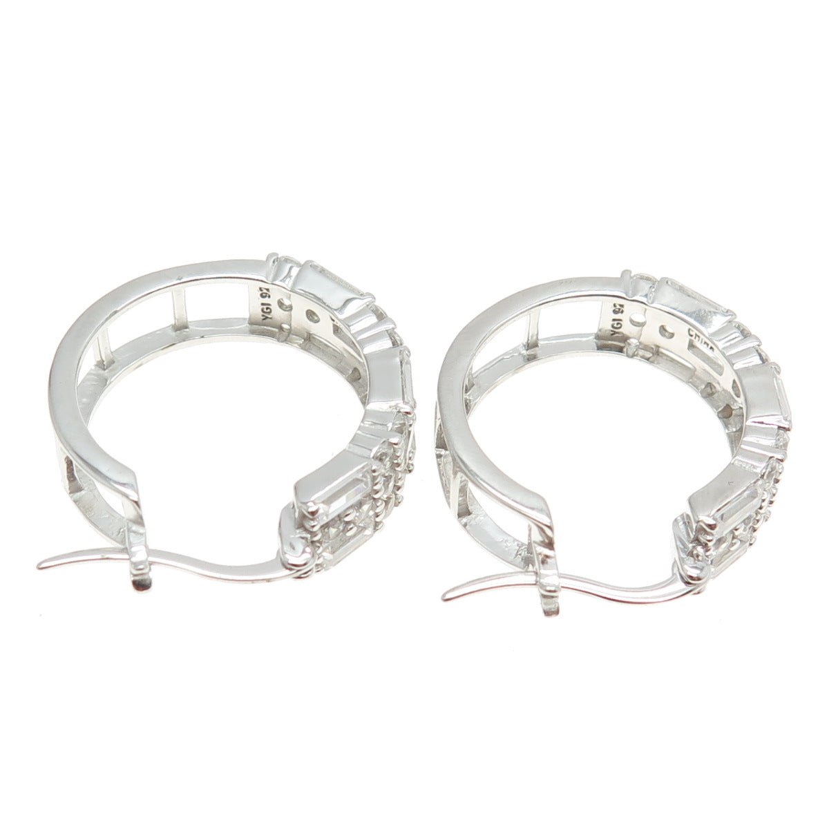 925 Sterling Silver C Z Hinged Hoop Earrings