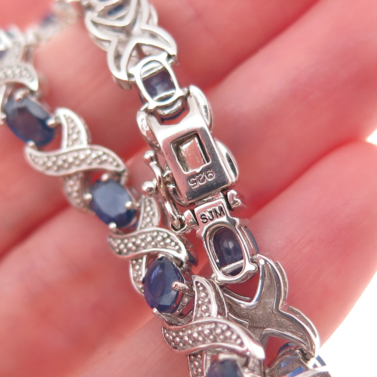 925 Sterling Silver Real Diamond & Sapphire X-Link Bracelet 7.25"