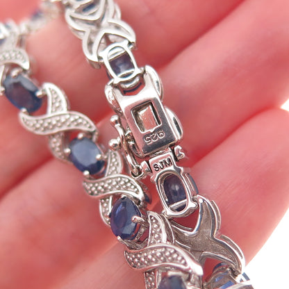 925 Sterling Silver Real Diamond & Sapphire X-Link Bracelet 7.25"