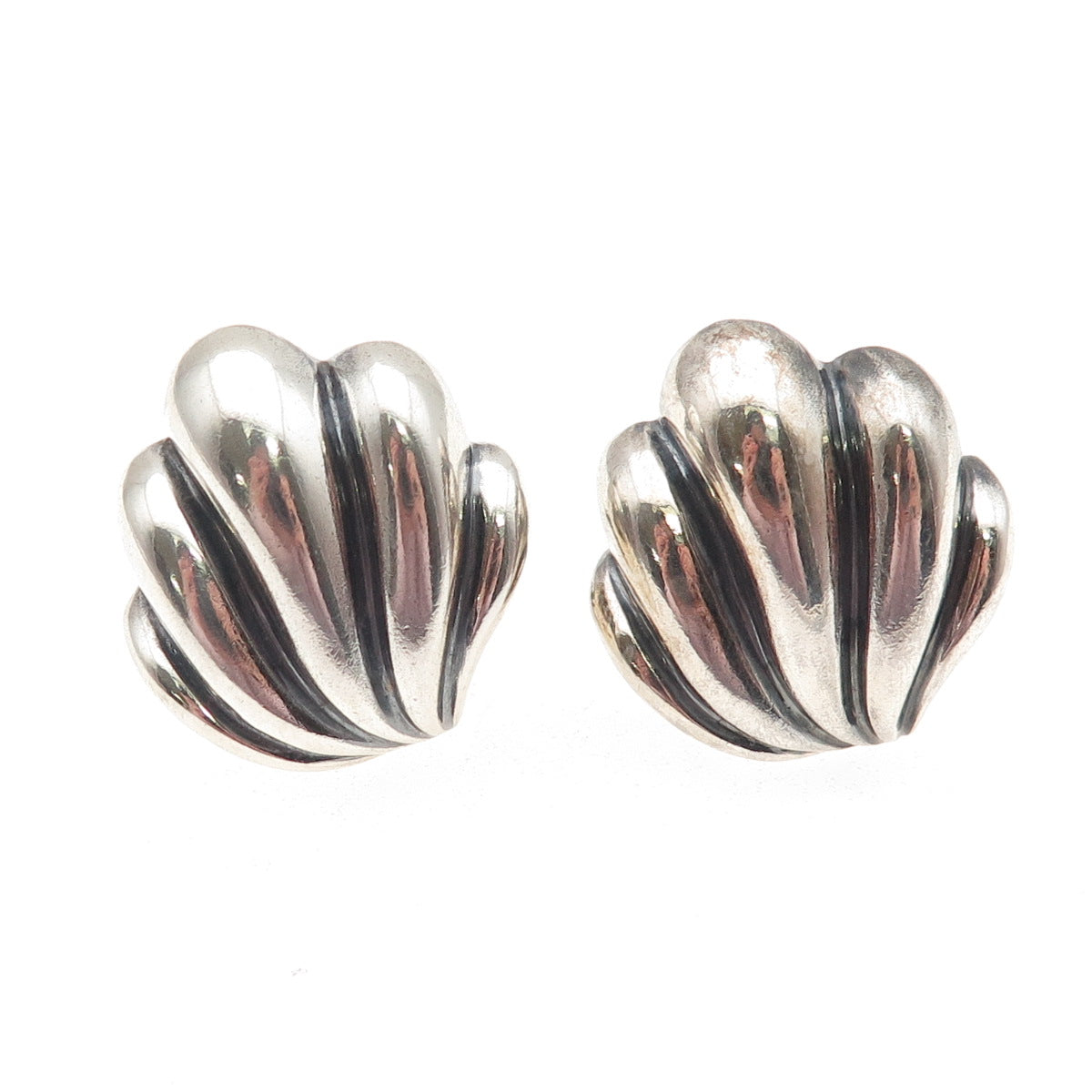 925 Sterling Silver Vintage Modernist Seashell Oxidized Clip On Earrings
