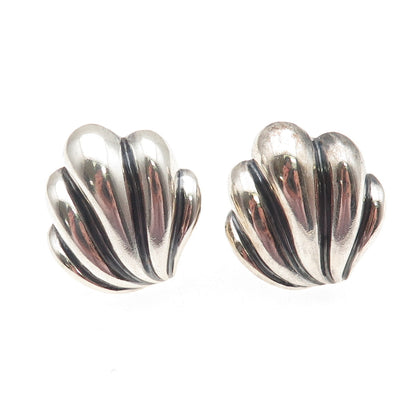 925 Sterling Silver Vintage Modernist Seashell Oxidized Clip On Earrings