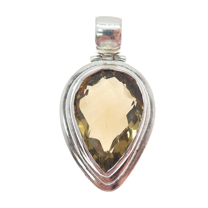925 Sterling Silver Vintage Real Pear-Cut Smoky Quartz Teardrop Pendant