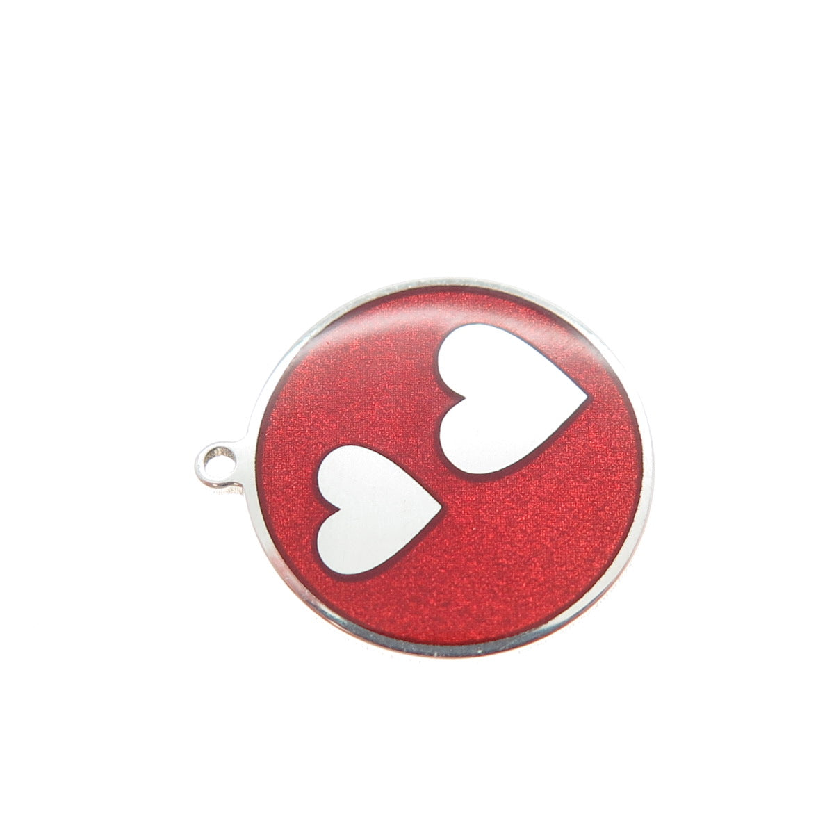925 Sterling Silver Red Enamel Couple Heart Round Tag Minimalist Charm Pendant
