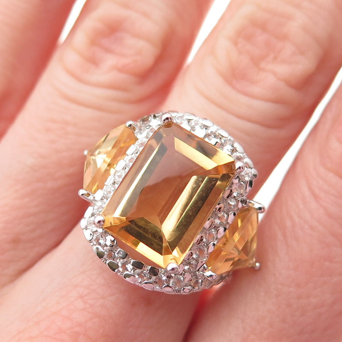 925 Sterling Silver Real Citrine & White Topaz Ring Size 7