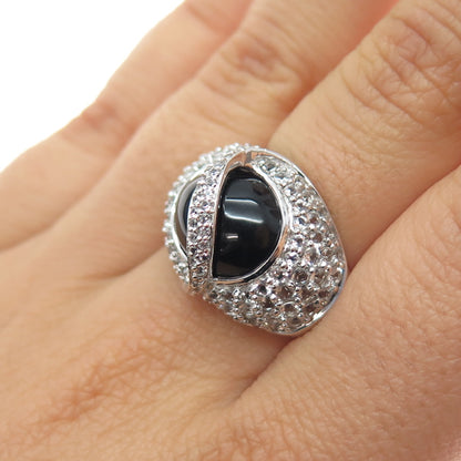 925 Sterling Silver Vintage Real Black Onyx & White Topaz Modernist Ring Size 7