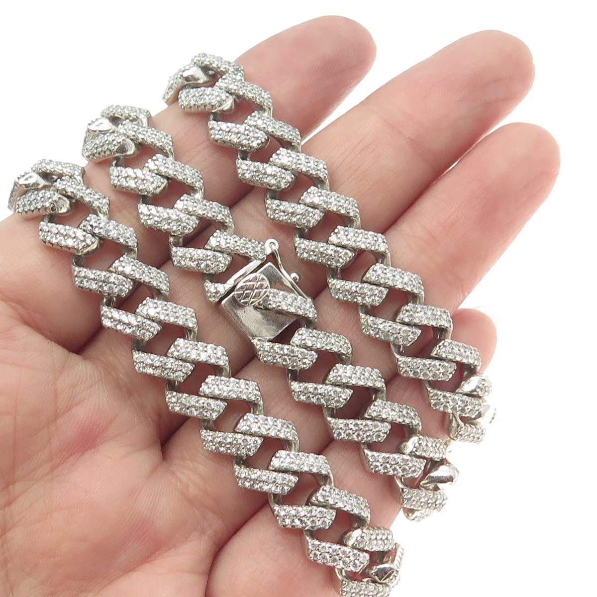 925 Sterling Silver Pave C Z Cuban Chain Heavy Necklace 24"