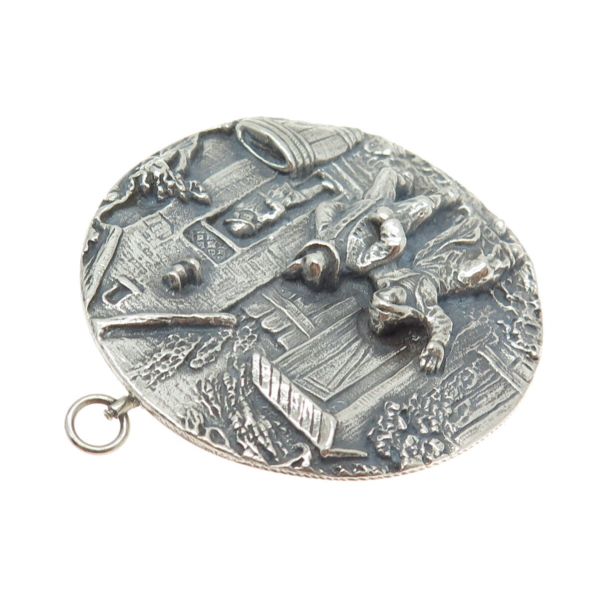 925 Sterling Silver Antique Art Deco Storyteller Oxidized Pin Brooch / Pendant