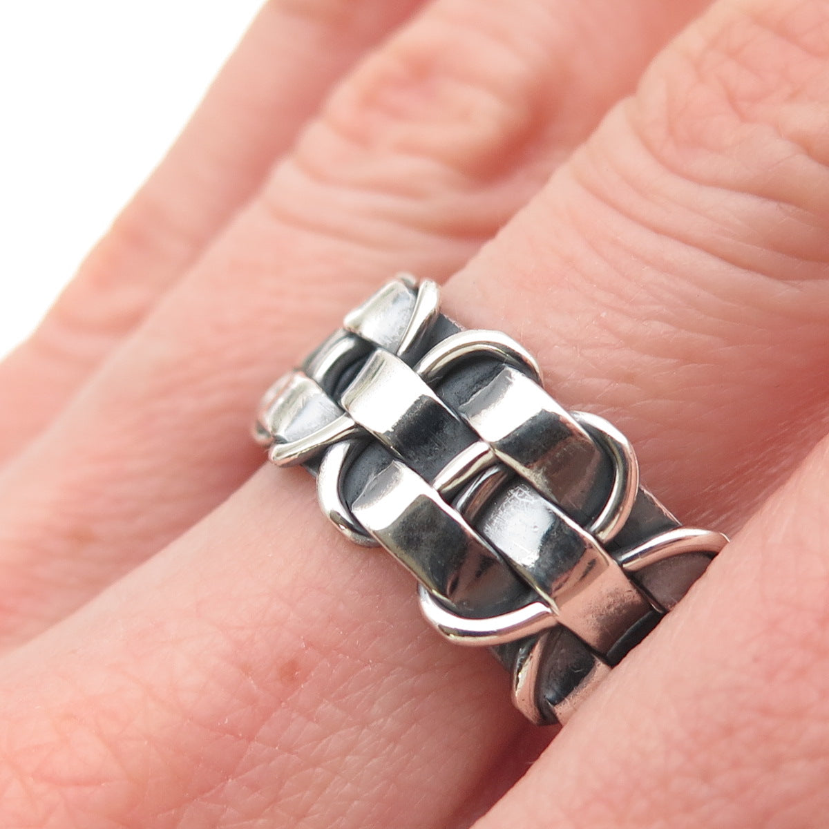 925 Sterling Silver Vintage Modernist Woven Oxidized Band Ring Size 10.5