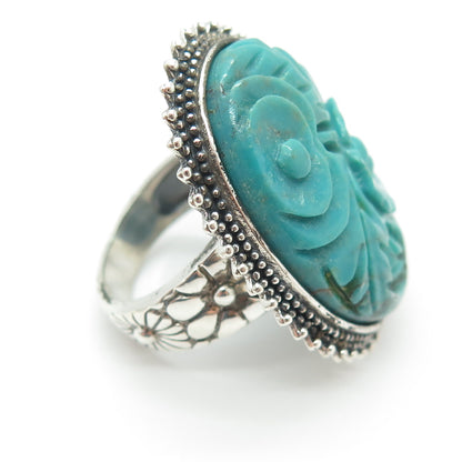 AMY KAHN RUSSELL 925 Sterling Silver Vintage Carved Turquoise Ring Size 8.75