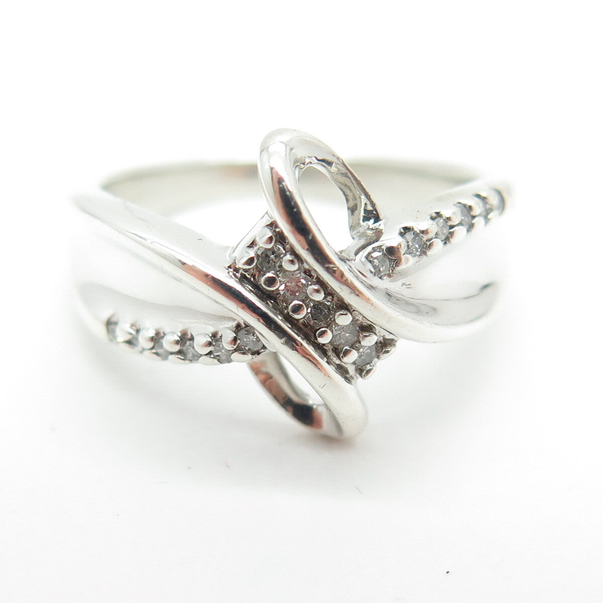 SUN 925 Sterling Silver Real Round-Cut Diamond Bypass Ring Size 7