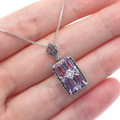 925 Sterling Silver Real Emerald-Cut Amethyst & C Z Box Chain Necklace 18"