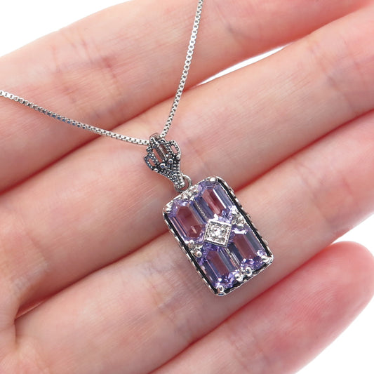 925 Sterling Silver Real Emerald-Cut Amethyst & C Z Box Chain Necklace 18"