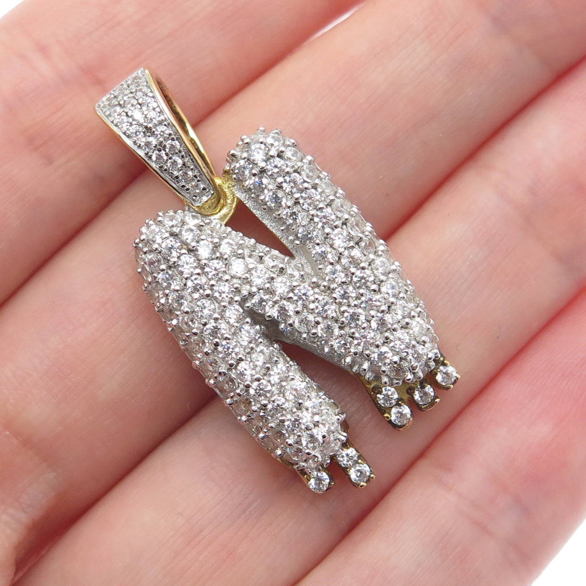 925 Sterling Silver Gold Plated Round-Cut Shaped C Z Letter N Sparkle Pendant
