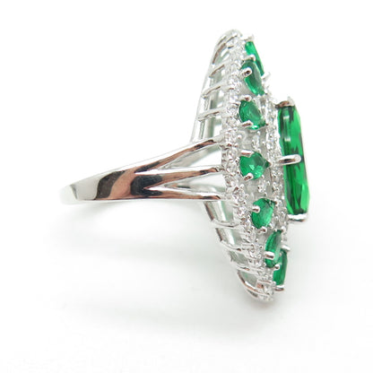 DSMK 925 Sterling Silver Marquise & Pear-Cut Nano Emerald & C Z Ring Size 7
