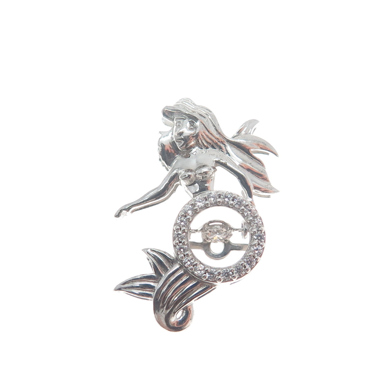 925 Sterling Silver Round-Cut C Z Ariel Mermaid Minimalist Charm Slide Pendant