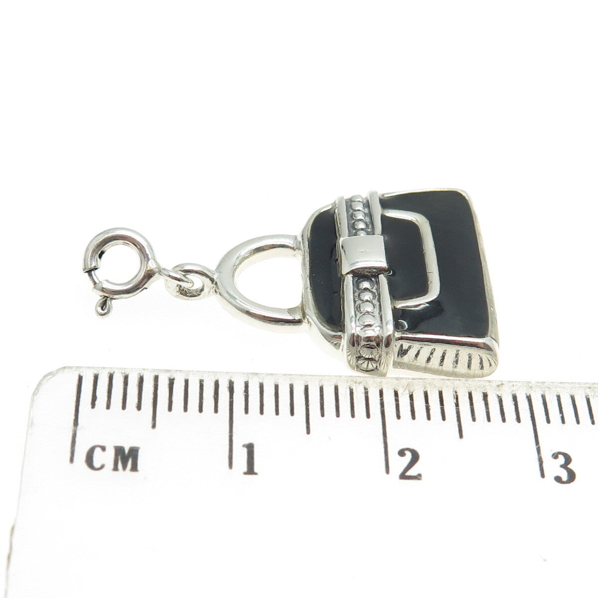 925 Sterling Silver Vintage Black Enamel Lady’s Bag / Purse Charm Pendant