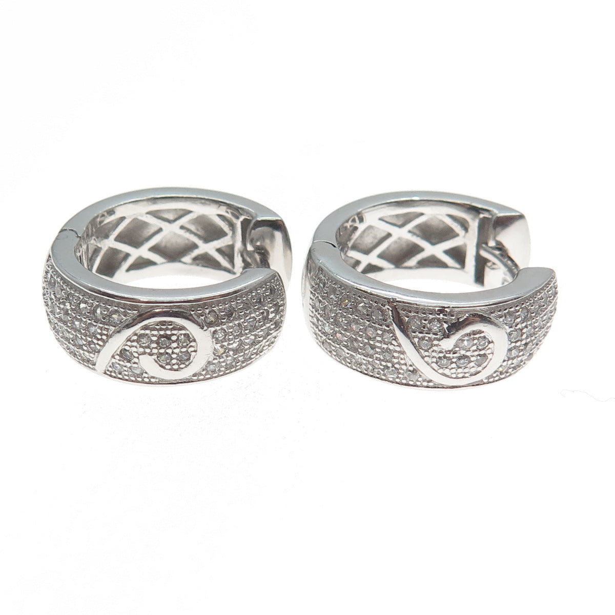 925 Sterling Silver Round-Cut C Z Heart Hoop Earrings