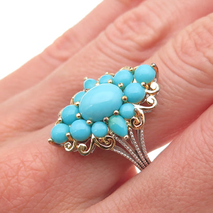 925 Sterling Silver 2-Tone Real Sleeping Beauty Turquoise Floral Ring Size 8.25