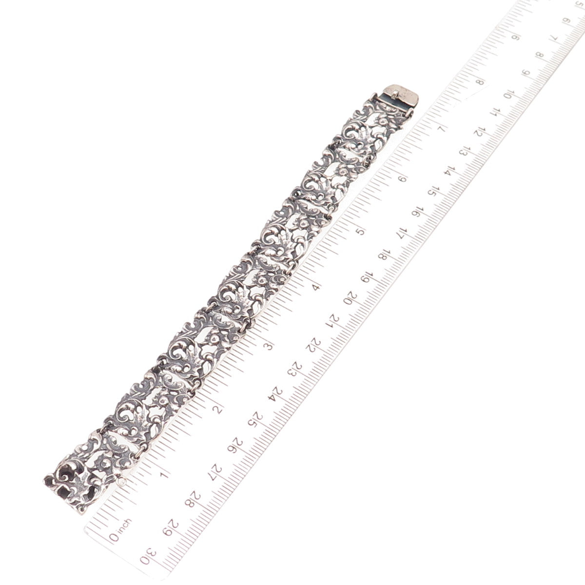 800 Silver Antique Art Deco Floral Panel Link Oxidized Bracelet 7"