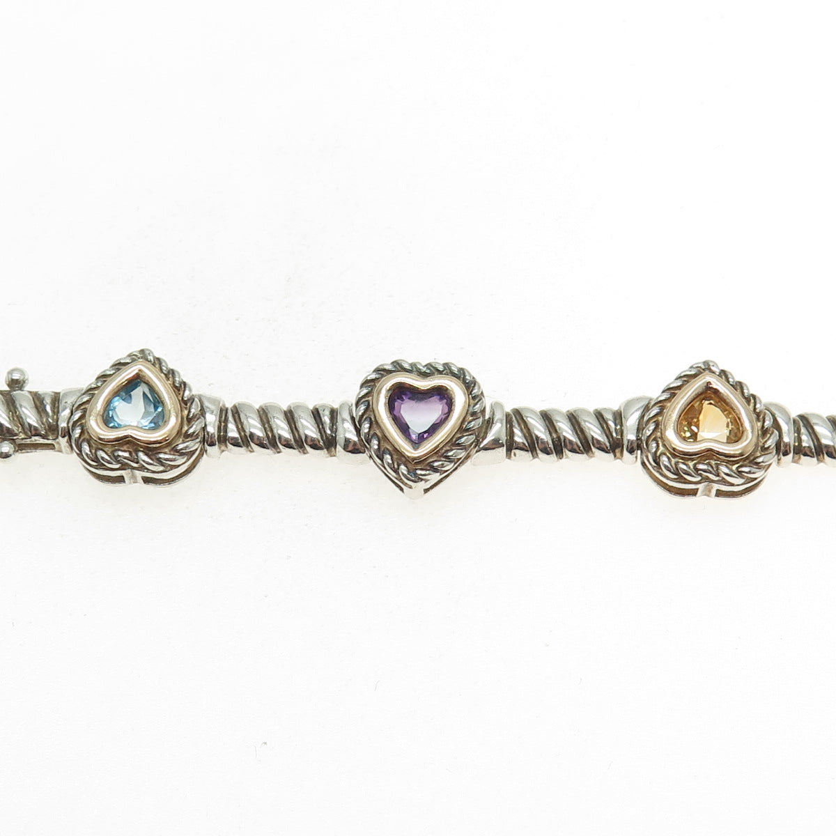 ROSS SIMONS 925 Sterling Silver 14K Gold Real Multi-Gem Heart Link Bracelet 6.5"