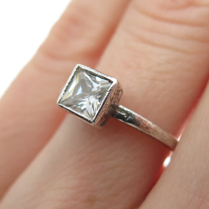 925 Sterling Silver Vintage Princess-Cut C Z Engagement Ring Size 5.25