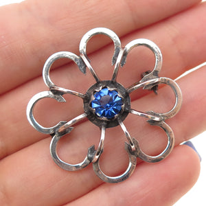 935 Silver Vintage Round-Cut Blue Rhinestone Flower Oxidized Pin Brooch