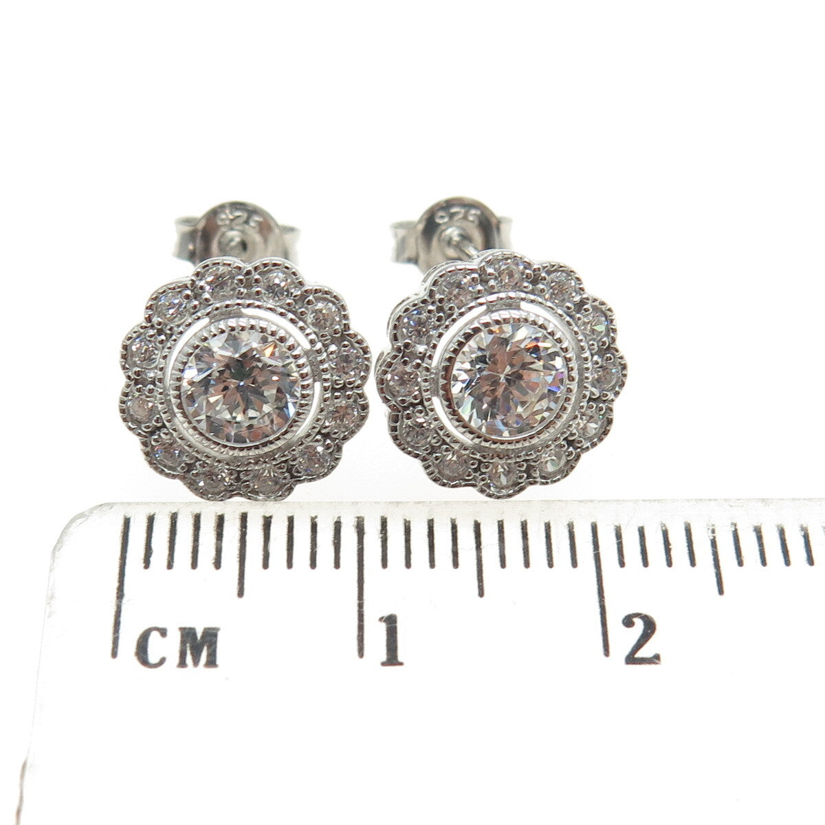 925 Sterling Silver Round-Cut C Z Flower Stud Earrings
