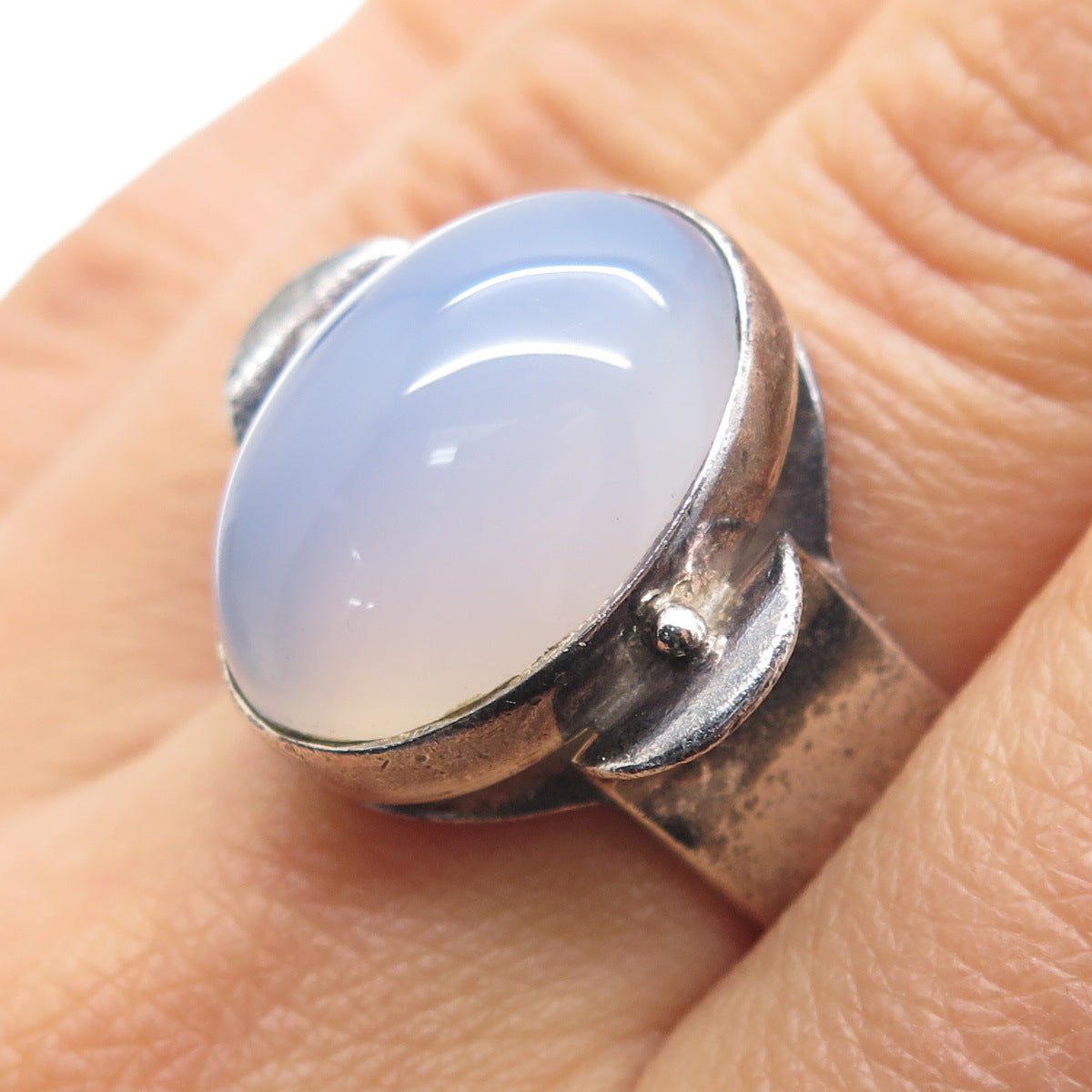 SAJEN 925 Sterling Silver Vintage Real Blue Chalcedony Adjustable Ring Size 8.5