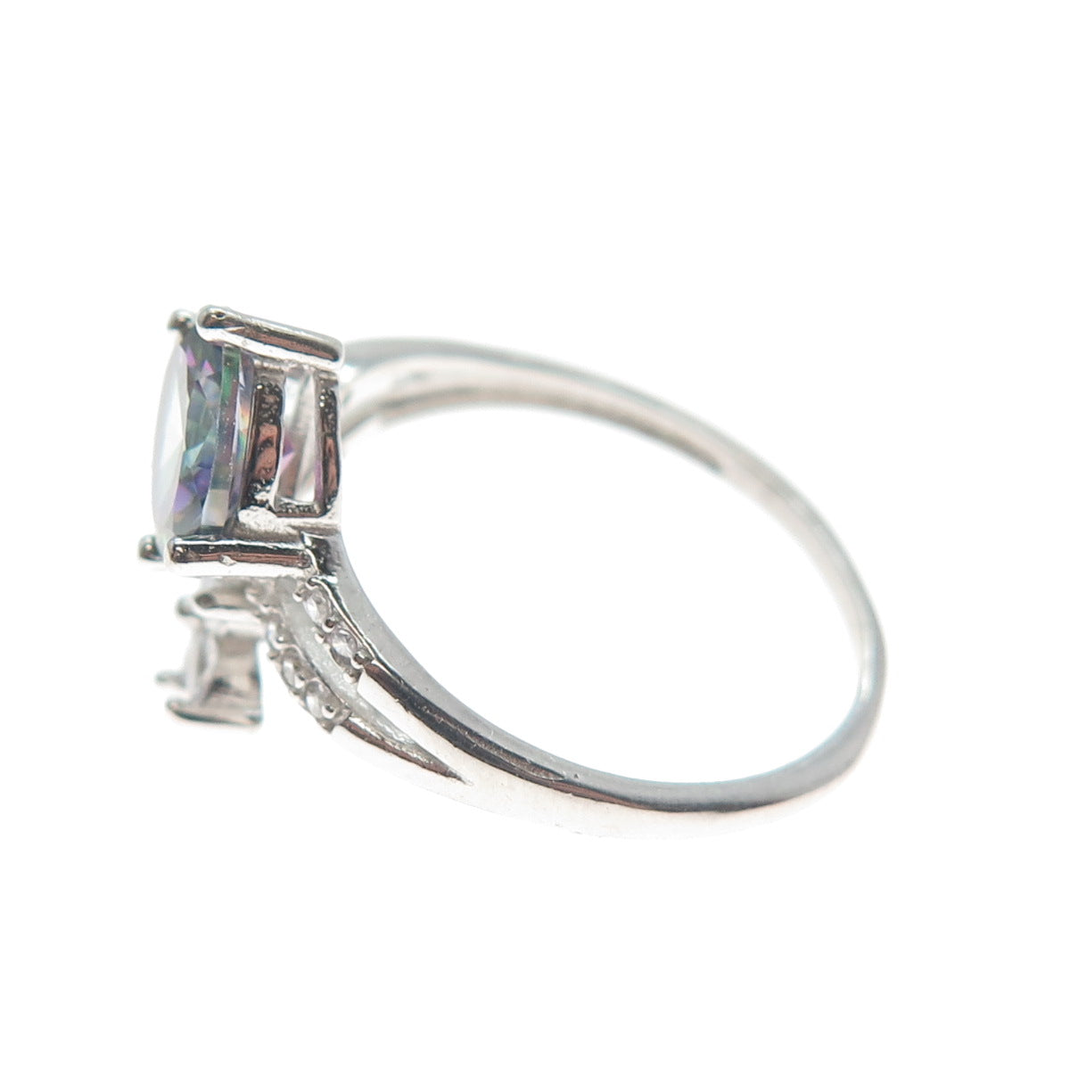 925 Sterling Silver Real Mystic Topaz & C Z Flower Bypass Ring Size 8.25