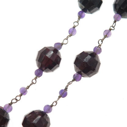 925 Sterling Silver Vintage Real Red Garnet & Amethyst Beaded Chain Necklace 16"