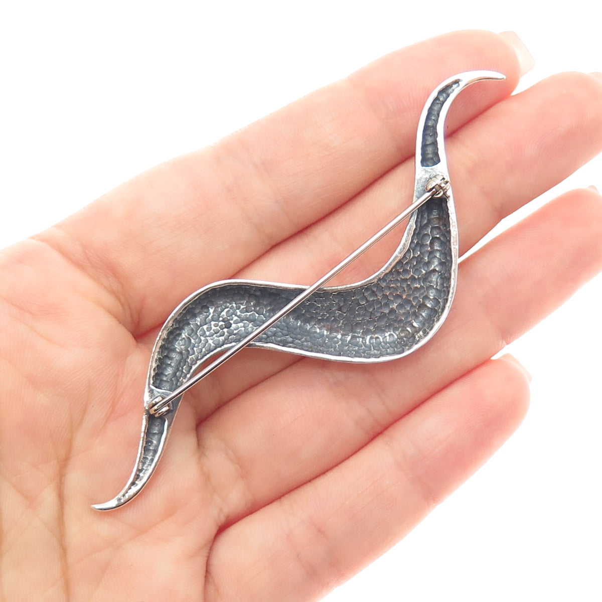 925 Sterling Silver Vintage Modernist Wavy Oxidized Pin Brooch
