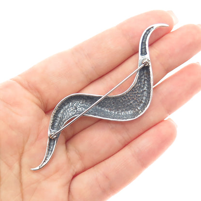 925 Sterling Silver Vintage Modernist Wavy Oxidized Pin Brooch