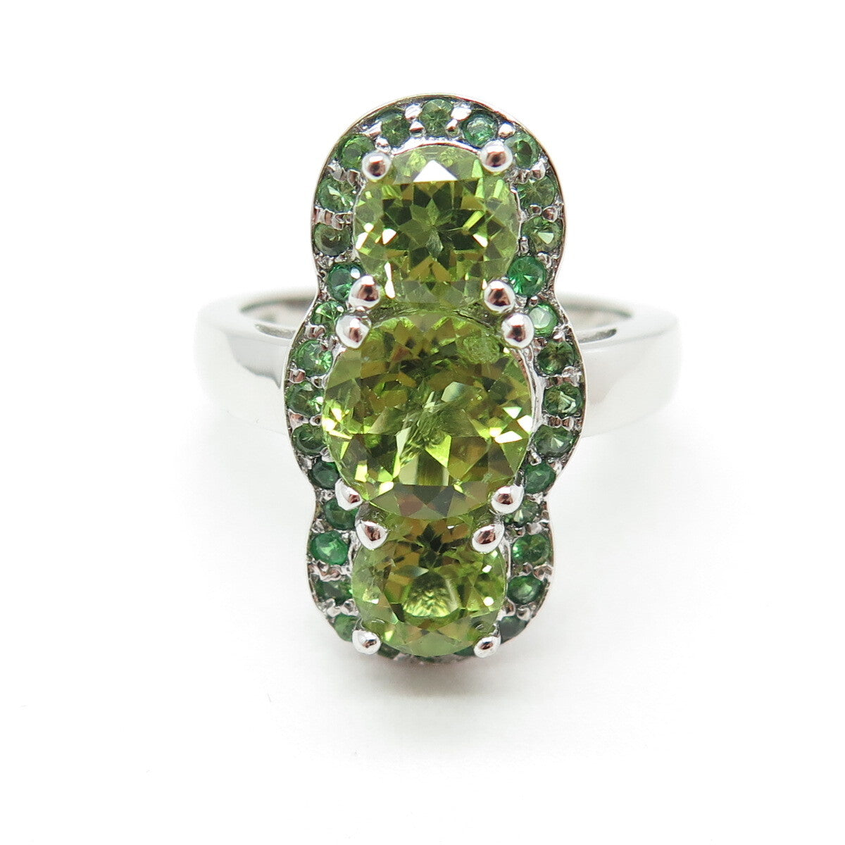 DSMK 925 Sterling Silver Real Round-Cut Peridot Green Tourmaline Ring Size 7.25