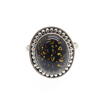 925 Sterling Silver Vintage Real Amber Beaded Ring Size 7.25