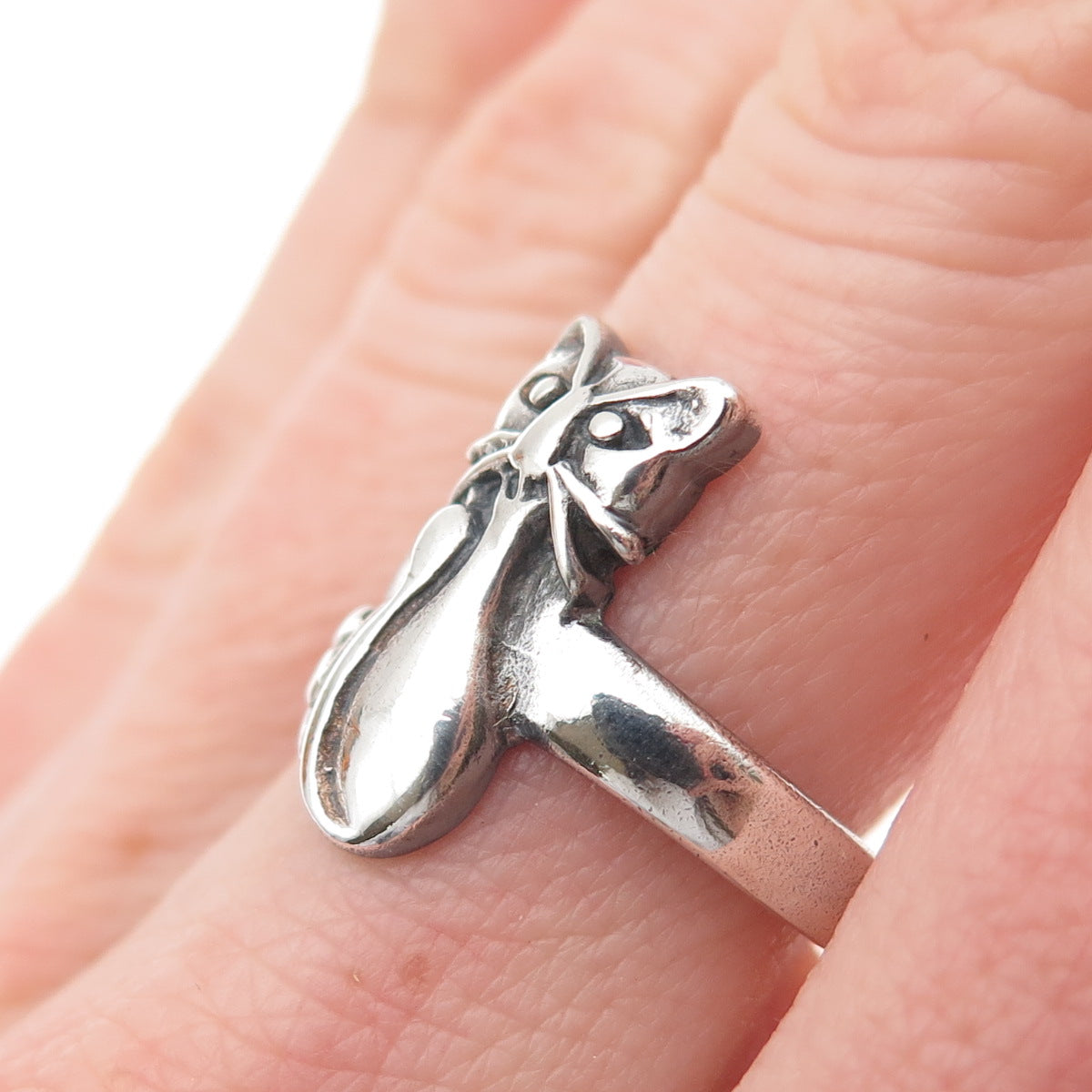 925 Sterling Silver Vintage Cat Cartoon Style Oxidized Ring Size 7.75