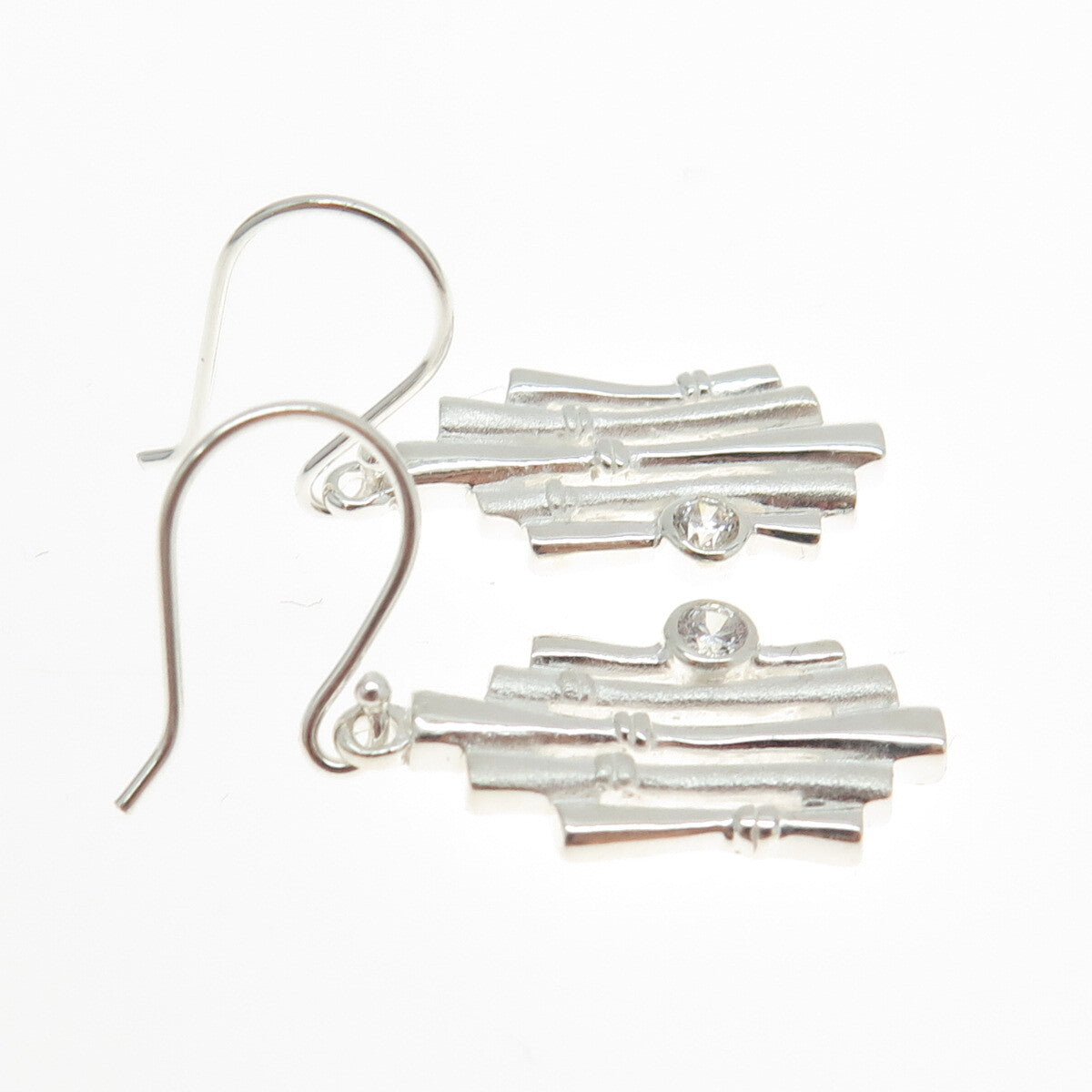 925 Sterling Silver Round-Cut C Z Bamboo Dangling Earrings