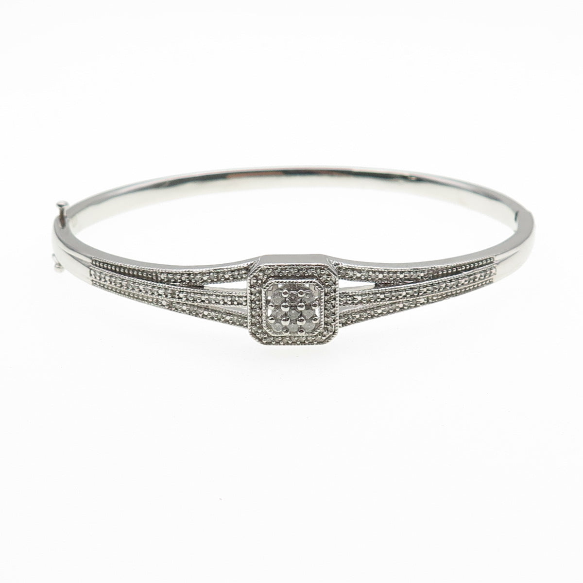 SUN 925 Sterling Silver Real Round-Cut Diamond Bangle Bracelet 7"