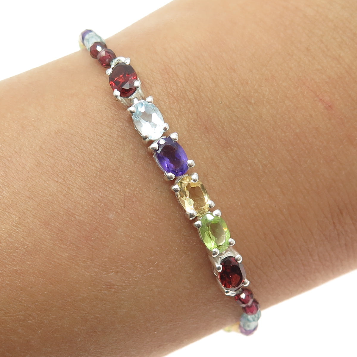 D'JOY 925 Sterling Silver Topaz Amethyst Garnet Peridot Citrine Bracelet 7-7.75"