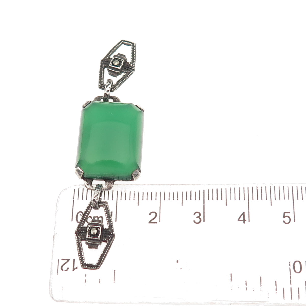 925 Sterling Antique Art Deco Real Green Onyx & Marcasite Bracelet Centerpiece