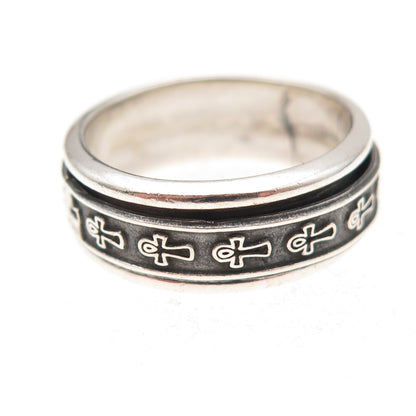 925 Sterling Silver Vintage Egyptian Ankh Rotating Oxidized Band Ring Size 10
