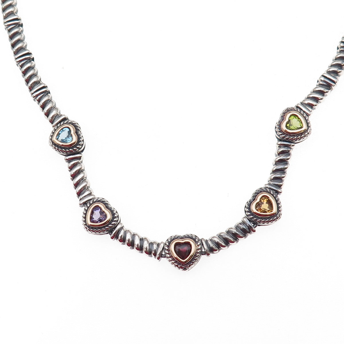 Ross Simons Sterling Silver 14K Gold Vintage Real Multi-Gem Heart Necklace 16"