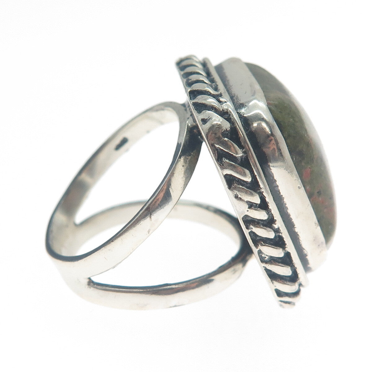 925 Sterling Silver Vintage Real Unakite Twisted Bezel Oxidized Ring Size 8